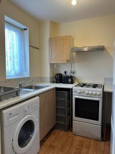 eine Küche mit einer Waschmaschine und einem Geschirrspüler in der Unterkunft Specious 1 Bed Apartment free wifi and parking in Goodmayes