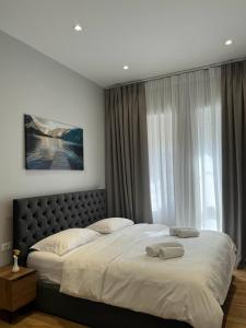 a bedroom with a large bed and a window at Vila Panto in Tirana
