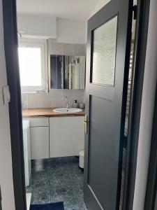 La salle de bains est pourvue d'un lavabo et d'une porte ouverte. dans l'établissement Travel homes spacieux et paisible parking privé, à Illzach