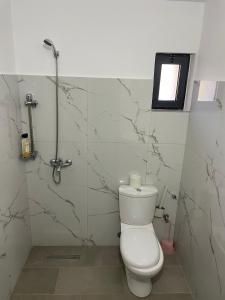 een badkamer met een toilet en een douchecabine bij Villa Kroi in Berat