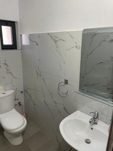 a bathroom with a white toilet and a sink at Guesthouse Kroi City Center in Berat +23 photos