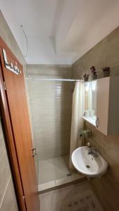 La salle de bains est pourvue d'une douche et d'un lavabo. dans l'établissement Olympiades Rooms Litóchoro, à Litochoro
