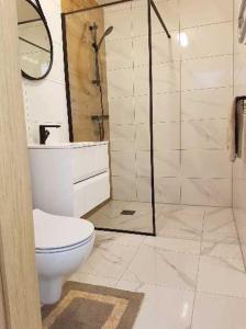 La salle de bains est pourvue de toilettes et d'une douche en verre. dans l'établissement Dianos apartamentai, à Palanga