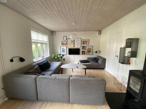 sala de estar con sofá y mesa en Wonderful house & garden, en Tommerup