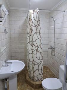 een badkamer met een douche, een wastafel en een toilet bij Family House in Makarovka