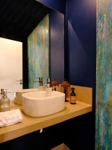 a bathroom with a sink and a mirror at Casa EL ORIGEN in Tandil