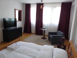 a bedroom with a bed and a tv and a chair at Villa Bella in Ohrid