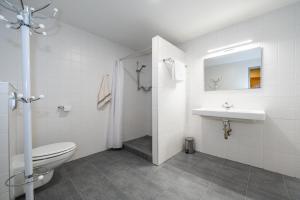 a white bathroom with a toilet and a sink at Penzion Pod hradem in Adršpach