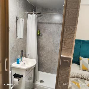 a bathroom with a sink and a shower with a shower curtain at St Lucia lodge Leicester long stays available in Leicester