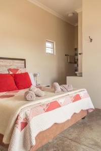 1 dormitorio con 1 cama grande con almohadas rojas en Munsterland Guest Farm en Outjo