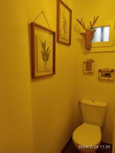 uma casa de banho com WC e fotografias na parede em La sauvagine em Saintes-Maries-de-la-Mer