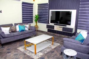 ein Wohnzimmer mit 2 Sofas und einem TV in der Unterkunft Cozy Urban Oasis 3 Bedroom in Ogba, Ikeja, Lagos in Egba