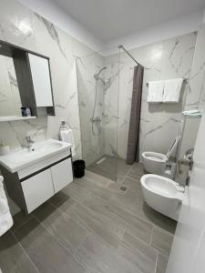 a bathroom with a sink and a toilet and a shower at Melody Apartment in Korçë in Korçë