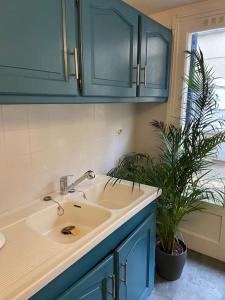 een badkamer met een wastafel en een potplant bij Studio in Condom