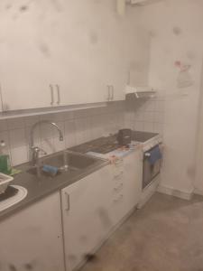 una cucina con lavandino e piano di lavoro di Garsoniera a Malmö