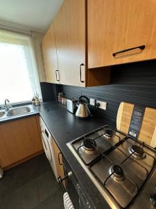 a kitchen with a stove top oven next to a sink at Spacious 3 bedroom flat close to city center in Dalneigh