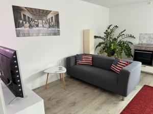a living room with a couch and a tv at Ferienwohnung Alina in Sinsheim
