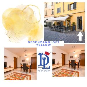 een collage van foto's van een restaurant met een tafel en stoelen bij DesenzanoLoft Yellow Apartment in Desenzano del Garda