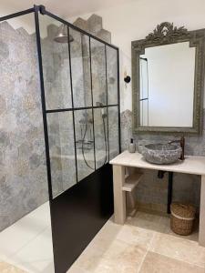 une salle de bain avec une douche avec un lavabo et un miroir dans l'établissement Authentique moulin à eau du ⅫⅠe siècle, à La Vernelle