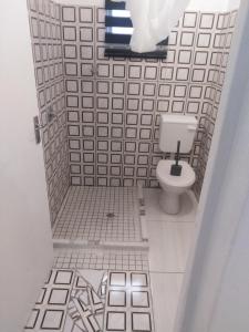 een badkamer met een toilet in een wit betegelde kamer bij 17 on Driffield in East London +5 foto's