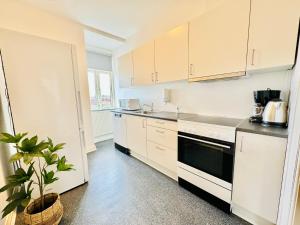 a kitchen with white cabinets and a potted plant at aday - Villa Firenze - 2 Bedrooms Bright Apartment in Aalborg