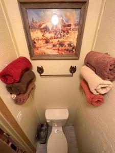 a bathroom with a painting and a toilet with towels at Acorn Hideaways Canton Old Western Ranch Hands' Suite in Canton