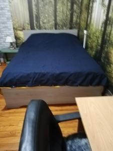 Schlafzimmer mit einem Bett mit blauer Decke in der Unterkunft Chambre avec douche in Lourdes