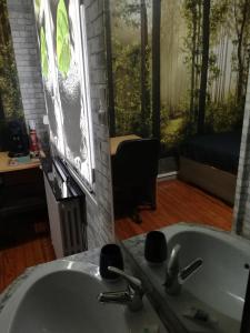 ein Badezimmer mit einem Waschbecken und einem großen Fenster in der Unterkunft Chambre avec douche in Lourdes