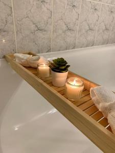 a wooden tray with candles and a potted plant in a bath tub at L’Emeraude in Villeparisis