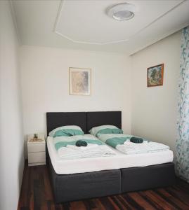 a bedroom with a bed with green and white sheets at R&S Apartment in Graz