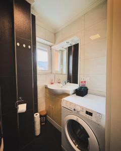 a bathroom with a washing machine and a sink at R&S Apartment in Graz