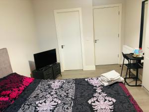 1 dormitorio con 1 cama y TV de pantalla plana en A private room,A private bathroom en Dublín