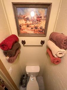 baño con toallas y una foto encima de un aseo en Acorn Hideaways Canton Old Western Ranch Hands' Suite en Canton