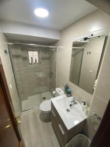 uma casa de banho com um WC, um lavatório e um chuveiro em J&V Apartamento em Ronda