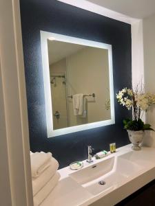 a bathroom with a white sink and a mirror at One room with one queen bed studio to rent in Palo Alto