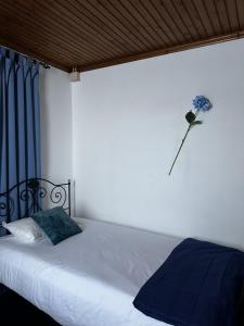 a bed with a blue pillow and a flower on the wall at Alojamentos A Buraca in São Roque do Pico