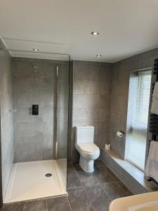 a bathroom with a toilet and a glass shower at Dolphin Hotel Cambridge in St. Ives