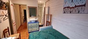 een badkamer met een wastafel en een aanrecht met een spiegel bij L'Escale in Blagnac