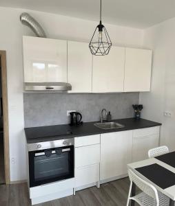 a kitchen with white cabinets and a sink at Apartmán U Tedyho in Kašperské Hory