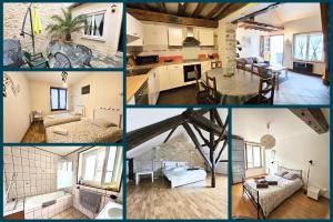 uma colagem de fotos de uma cozinha e uma sala de estar em Triplex Sisley - Maison Atypique avec Cour Extérieure em Moret-sur-Loing