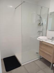 ein Bad mit einer Glasdusche und einem Waschbecken in der Unterkunft Appartement avec Terrasse in Cléon-dʼAndran