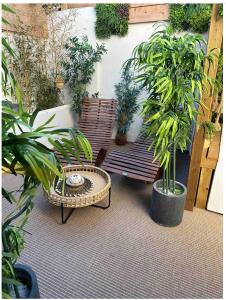 a patio with two benches and potted plants at Le cocon de sissy in Saintes-Maries-de-la-Mer