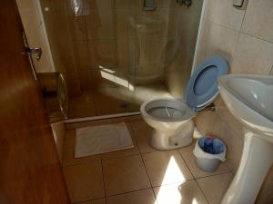 ein Bad mit einer Dusche, einem WC und einem Waschbecken in der Unterkunft Espaço Verona-Apartamento triplo com banheiro e sem café in Fazenda Rio Grande