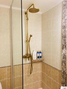 La salle de bains est pourvue d'une douche avec un pommeau de douche. dans l'établissement Kliff Butiik Majutus ja Restoran, à Panga