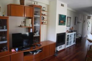 a living room with a flat screen tv on a wooden entertainment center at Apartamento montaña MADI in Sabiñánigo