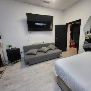 a bedroom with a couch and a flat screen tv at ROOMS OPERA in Madrid