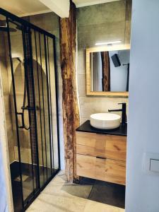 a bathroom with a sink and a glass door at L'Essentiel bis in Francorchamps