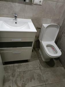 uma casa de banho com um lavatório branco e um WC. em Habitaciones Centro de Madrid em Madri