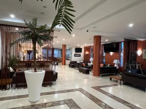 a lobby with a palm tree in a large vase at Hotel Praia Sol in Quarteira