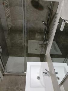 a bathroom with a shower and a white sink at Habitaciones Centro de Madrid in Madrid